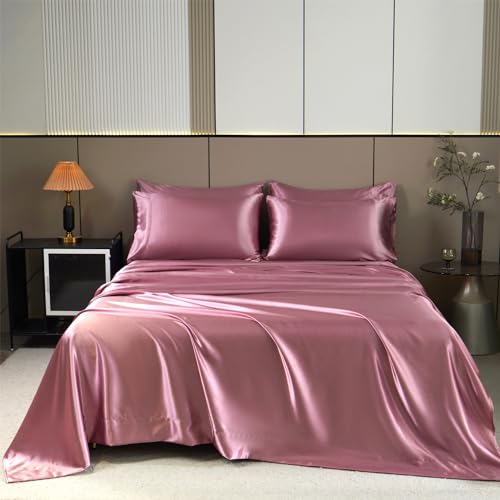 AiMay 6 Piece Satin Sheet Set King Deep Pocket 1800 Series Luxury Rich Silk Silky Super Soft Solid Color 4 Pillowcases Sexy Honeymoon Wrinkle Free (King, Soft Purple)