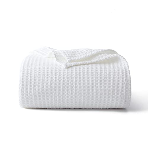 100% Cotton Waffle Blanket (White - Twin Size - 66 * 90''), Pre-Washed and Anti-Shrinkage Soft Lightweight Bed & Couch Blanket, 380 GSM Waffle Weave Throw Blanket for All Seasons