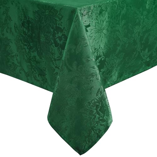 "Elrene Home Fashions Poinsettia Elegance Jacquard Christmas/Holiday Waterproof Stain Resistant Dining Tablecloth, 60""X144"" Oblong/Rectangle, Green"