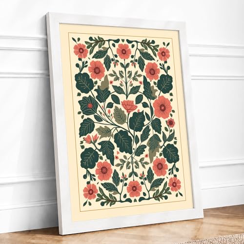 Symmetrical Floral Tapestry Botanical Framed Wall Art Print A2 (59.4×42cm) White, Wall Decor for Living Room, Bedroom, Office & Home, Ready to Hang, Art Gift