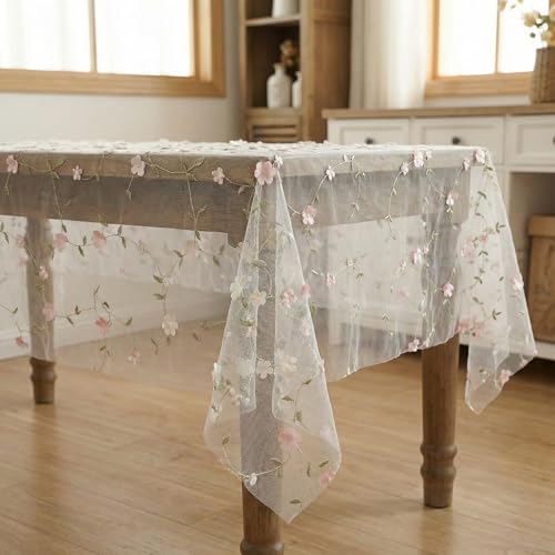 Horaldaily White Floral Rectangle Tablecloth, 52??70 Inch, Pink Flower - Spring Summer Gauze Tablecloth, Seasonal Tulle Table Cover, Garden Party Decor, Resuable,Washable