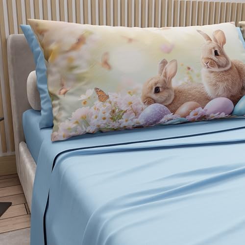 PETTI Artigiani Italiani - Easter Cotton Sheets with Pillowcases in Digital Print, Single Bed Sheet, Single Bed Set, 11 Light Blue, Made in Italy