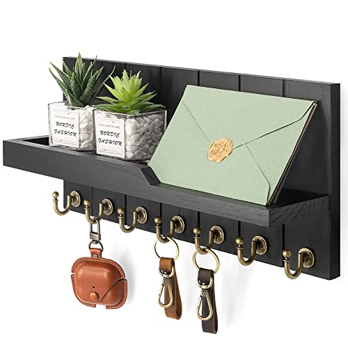 Rebee Vision ZASTION Decorative Key and Mail Holder for Wall - Farmhouse 15 Inches Floating Shelf with 7 Sturdy Key Hooks for Home Entryway Wall Decor - Rustic Key Racks (Black)