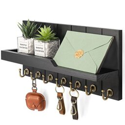 Rebee Vision ZASTION Decorative Key and Mail Holder for Wall - Farmhouse 15 Inches Floating Shelf with 7 Sturdy Key Hooks for Home Entryway Wall Decor - Rustic Key Racks (Black)