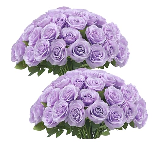 JUSMAI 50pcs Lavender Roses Artificial Flowers Lliac Roses Purple Roses Fake Roses Flowers with Long Stems Silk Flowers for Wedding Bouquet Centerpices Decorations Party Bridal Baby Shower