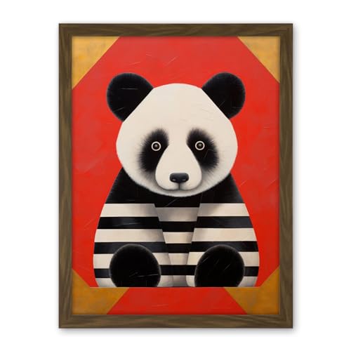 Artery8 Panda with Stripes Fun Kids Bedroom Baby Nursery Bright Bold Artwork Red Black White Artwork Framed Wall Art Print 18X24 Inch
