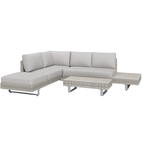 Outsunny 3 Pieces Rattan Garden Furniture Set, Wicker Garden Sofa Set with 3-Seater Sofa, Loveseat, Coffee Table, Side Table & Cushions, 5-Seater Outdoor Furniture Set, Grey