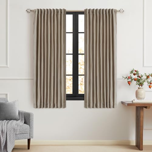 PRIMROSE Taupe Curtains 63 inches for Living Room, 2 Panels, Velvet Curtains, Blackout Rod, Pocket, Backside, Window, Treatment, Room Darkening, Decorative, Thick Curtains for Bedroom