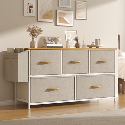 Feonase Fabric 5 Drawer Storage Cabinet with Side Pocket – Wide Dresser Chest for Bedroom, Hallway, Nursery & Closet, Metal Frame & Wood Top, Lightweight Storage Unit Khaki