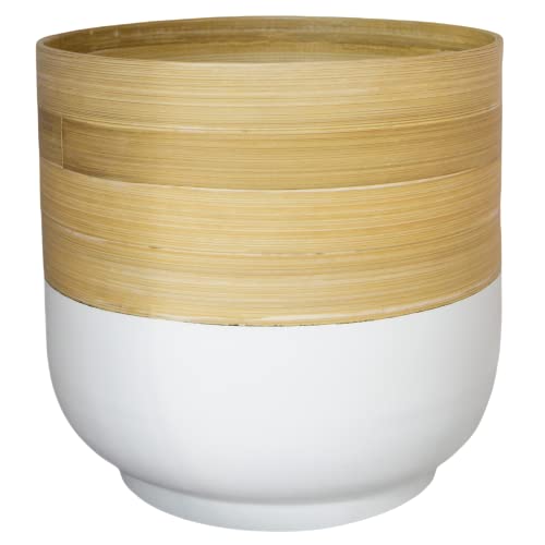 Ivyline White Round Bamboo Bowl Planter - Lightweight, Stylish, Durable & Waterproof - Decorative Natural Finish Indoor Flower Pot - H20cm x D23cm