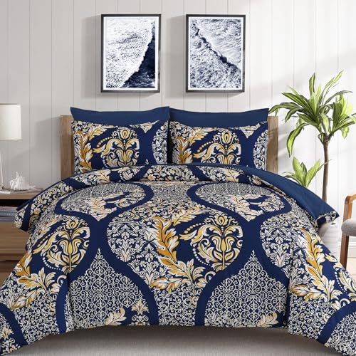 "Anibedding Navy Blue Gold Comforter Set Queen Size, 7 Pieces Bohemian Damask Comforter Set Soft Lightweight Microfiber Bedding Set for All Season (90""x90"")"