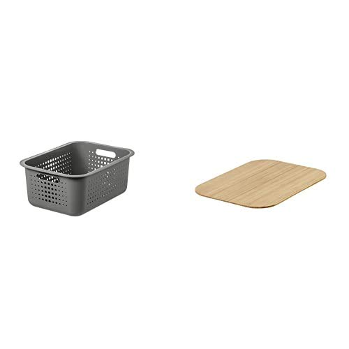 SmartStore - Plastic Storage Basket Recycled 15 Litres Set : Taupe Colour Basket + Bamboo Lid