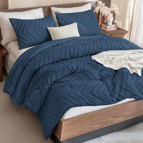 Andency Navy Blue Comforter Set Queen Size, 3 Pieces Boho Bed Set - Soft Warm Bedding Comforter Sets for Queen Size Bed, Aesthetic Chevron Cute Bohemian Textured Lightweight Bedding Set