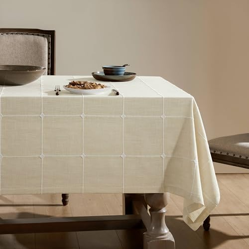 ZeeMart Grid Embroidered Rectangle Tablecloths 60x84in, Hem/Ivory - Heavy Weight Non-sheer Linen Fabric, Mitered Corner Finish, Water Resistant Farmhouse Table Cover, Boho Plaid Home Decor