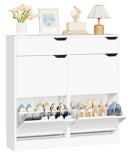 IRONCK Shoe Cabinet with 4 Flip Drawers & 2 Drawers, Freestanding Shoe Rack Cabinet, Shoes Storage Cabinet with Adjustable Shelves, Wooden Cupboard Organizer for Entryway, Hallway, Living Room (White)