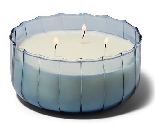 Paddywax Scented Candles Ripple Hand Blown Glass 3-Wick Luxury Artisan Candle, 340g, Blue - Peppered Indigo