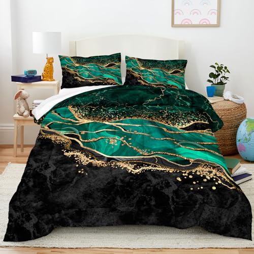 Queen Comforter Set Emerald Green, Marble Bedding Comforter Set, Metallic Foil Print Black Gold Bedding Dark Green Abstract Modern Comforter Set