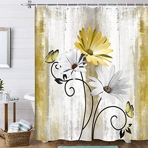 VeiVian Rustic Farmhouse Shower Curtain, Farm Yellow Daisy Floral Flowers and Butterfly on Country Wooden Shower Curtain for Bathroom, Yellow Bathroom Shower Curtains with 12PCS Hooks, 70X70IN