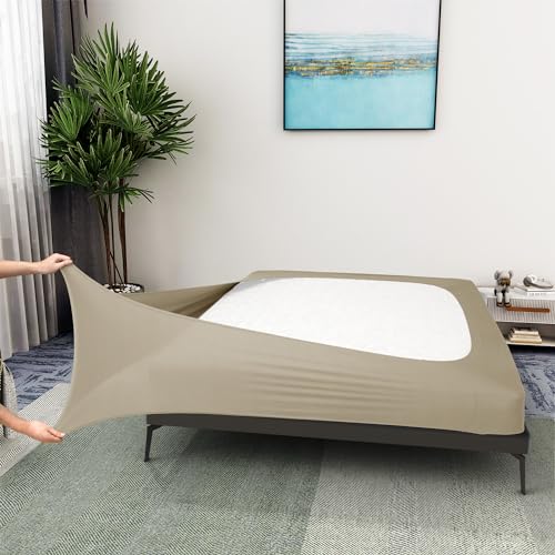 Box Spring Cover Twin/Twin XL Size - Jersey Knit & Stretchy Wrap Around 4 Sides Bed Skirt for Hotel & Home, Taupe