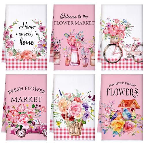 Geyoga 6 Pcs Summer Floral Kitchen Towels Flamingo Dish Hand Towels Sunflower Daisy Flower Wildflower Tea Cloths for Kitchen Bathroom Decor,16 x 24 Inch(Pink,Buffalo Plaid Flower)