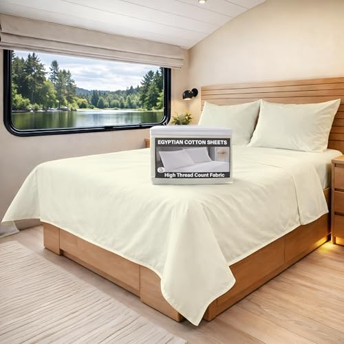 Short Queen Sheets for RV Camper Bedding - 400 Thread Count Cotton Bed Sheets, RV Short Queen Sheets (60 x 75), 4 Piece Set-Upto 15'' Deep Pocket-RV Queen Sheets-Camper Sheets (Solid Ivory)