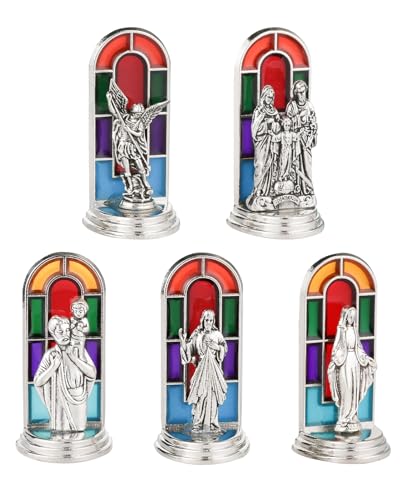 diyalo 5Pcs Mini Figurines Mix St.Christoper St. Michael Holy Family The Divine Mercy Our Lady Religious Icon Statue Church Stained Window Background Home Decor Car Ornament with Pastable Base