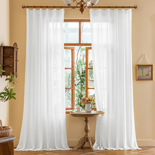 "MAIHER White Pinch Pleat Sheer Curtains 102 Inches Long with Hooks 2 Panels - Light Filtering, Breathable, Soft, Tree Branch Textured, Lightweight, Pleated Drapes for Patio Sliding Door, 42"" W x 102"" L"
