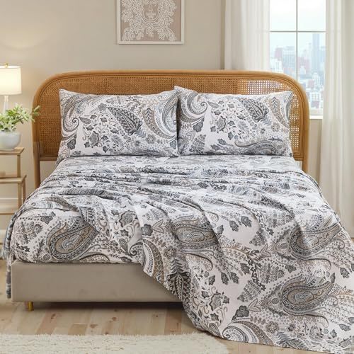 "Cozaline 100% Cotton Sheet Set Queen Size ??? 4-Piece Luxury Grey Paisley Bedding Set, Extra Soft Breathable Percale Weave, Deep Pocket Fitted Sheet 17.5"", Crisp Cool Feel Bed Sheet"