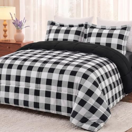 downluxe Lightweight Plaid Bedding Comforter Set (Queen) with 2 Pillow Shams - 3-Piece Set - Black/White Plaid - Down Alternative Reversible Comforter
