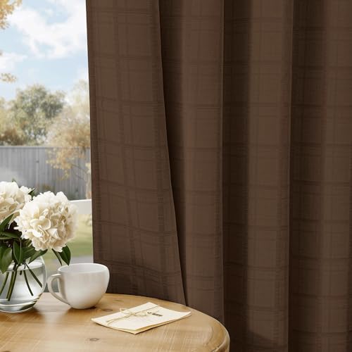Beauoop Brown Plaid Jacquard Blackout Curtains for Bedroom 52x96 2 Panels - Gingham Checkered Room Darkening Drapes for Living Room 96 Inch Long Thermal Insulated Soundproof Window treatment Grommet