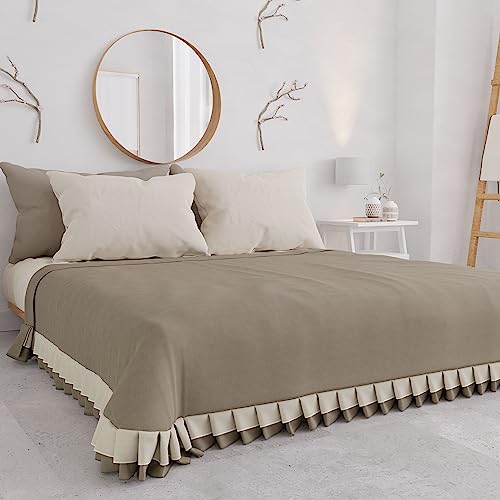 PETTI Artigiani Italiani - Summer Double Bedspread in Cotton, Bedspread with Double Ruffle, Lightweight Double Blanket, Bed Sheet with Frill, Taupe, 100% Made in Italy