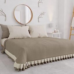 PETTI Artigiani Italiani - Summer Double Bedspread in Cotton, Bedspread with Double Ruffle, Lightweight Double Blanket, Bed Sheet with Frill, Taupe, 100% Made in Italy