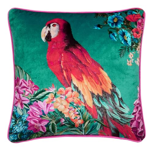 Laurence Llewelyn-Bowen Teal Parrot Cushion – 43 x 43cm – Velvet Feel – Reversible Stripe Design – Piped Edge – Filled Decorative Cushion for Sofa & Bedroom