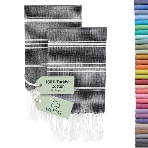 "WETCAT Turkish Hand Towels with Hanging Loop, Set of 2 (20"" x 30"") 100% Turkish Cotton, Pre-Washed, Quick Drying, for Kitchen or Bathroom - Black"