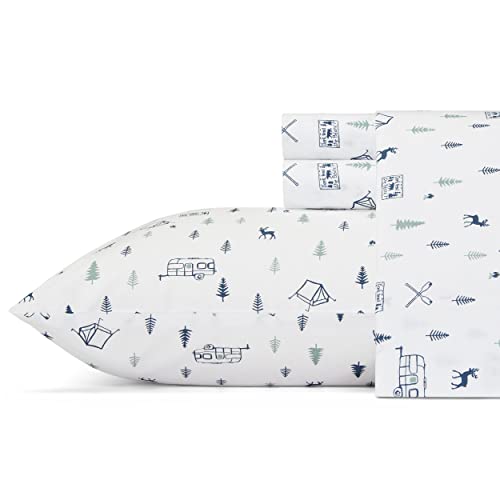 Eddie Bauer Cotton Percale Bedding Set, Crisp & Cool Home Decor, Campout Dark Blue/White, Twin XL