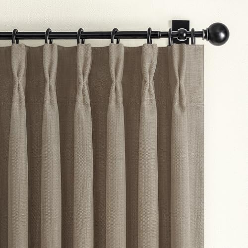 Linen Blackout Extra Short Kitchen Curtains 45 Inch Length, Memory Trained Pinch Pleated Thermal Small Cafe Curtain Double Layer Soundproof Light Blocking Mini Decorative Windows Drapes 2 Panels Set