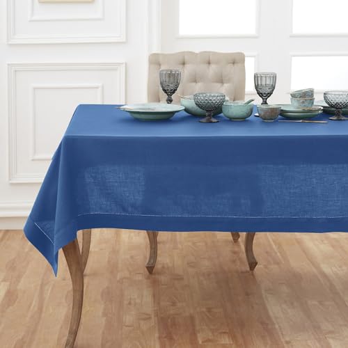 Solino Home 100% Pure Linen Tablecloth Indigo Blue Hemstitch, 60 x 90 in - Classic Hemstitch Table Cloth For Thanksgiving Dining, Home Decor, Indoor & Outdoor Use, Parties, Gifting, Machine Washable