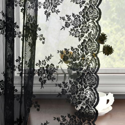 Kotile Black Lace Curtains 54 Inch Length 2 Panels, Country Rustic Floral Pattern Gothic Sheer Curtains for Bedroom, Rod Pocket Vintage Privacy Sheer Lace Curtain, 42 x 54 Inch, 1 Pair, Black