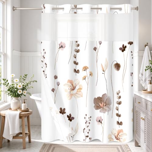 Gibelle No Hook Floral Shower Curtain with Snap-in Fabric Liner Set for Bathroom, Hotel Style Brown Beige Modern Flower Shower Curtain with See Through Top Window, Waterproof & Washable, 72x74
