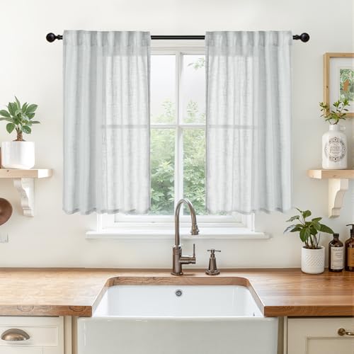 YoungsTex Short Linen Curtains 40 Inch Length, Small Window Drapes Semi Sheer Textured Light Filtering with Rod Pocket Back Tab for Kitchen Bathroom Windows, Grey, 2 Panels, 34 X 40 Inch