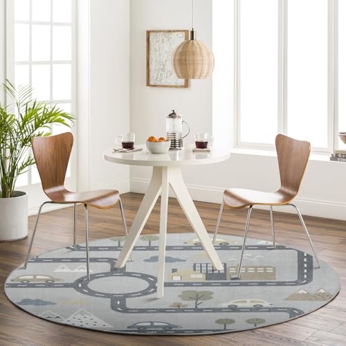 Livabliss Vroomville Road Track Kids Carpet 160x160 cm – Machine Washable Playroom & Nursery Floor Covering for Boys & Girls, Grey