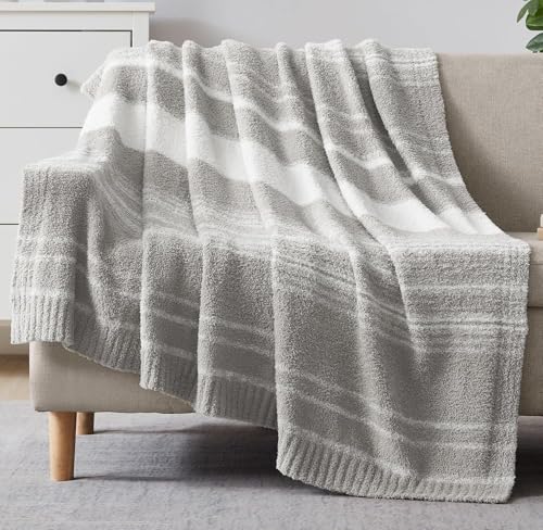WRENSONGE Soft Throw Blanket for Couch-Cozy Reversible Knitted Blankets - Lightweight Warm Fluffy Decor for Women, Mom, Her & Girls, Sofa, Chair, Bed, 50x70in,Grey Stripe