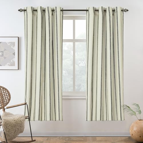 DriftAway Farmhouse Linen Stripe Blackout Curtains, W52xL63, Black - Blackout, Linen Texture, Stripe Pattern, Rod Pocket & Back Tab, Two Layers, Bedroom Living Room Use, Sound Reducing Design