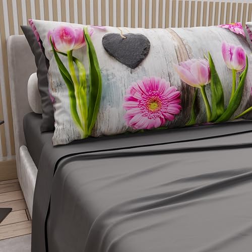 PETTI Artigiani Italiani - Cotton Sheets with Pillowcases in Digital Print, Single Sheet, 330 Dark Grey Patterned Bedding Set, 100% Made in Italy