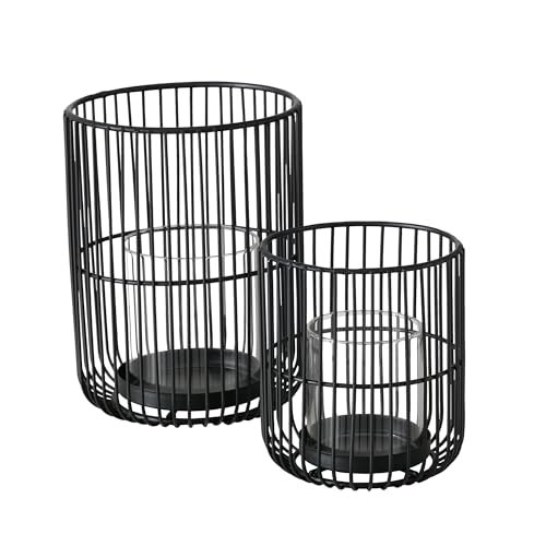 Boltze Cindy 2033181 Lantern Set of 2 Black Iron Glass 14-20 cm High Modern Design Garden Decoration Table Decoration Candle Accessories Tea Light Glass