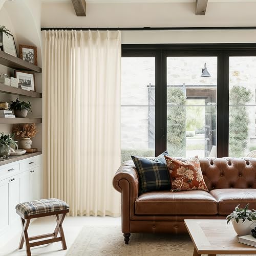 DUKIYO Linen Sheer Pleated Curtain 108 Inches Long 100 Inch Width Beige Tan - Light Filtering Semi Sheer Drapes, for Living Room Patio Sliding Door, Farmhouse, Extra Wide, 100x108 Curtains, 1 Panel