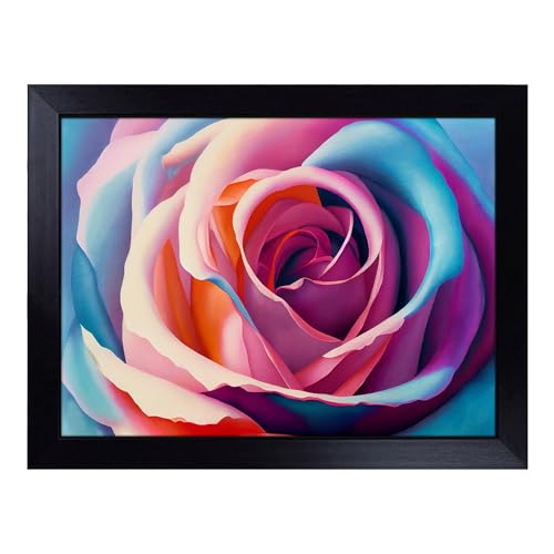Lap Tray with Bean Bag Cushion, Colourful Rose Flower - Handmade in the UK, Raised Wooden Edge, Padded Cushion, Heat-Resistant Wipe-Clean Surface, for Meals, Laptops and Crafts