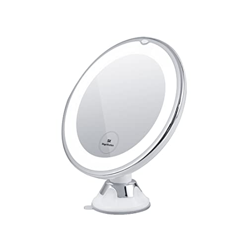 EMEK Makeup Mirror LED, 5X Portable Illuminated Travel Makeup Mirror, 360°Rotating Dressing Table Mirror with Natural Daylight, Button Control, Easy-Lock Suction Cup, Battery