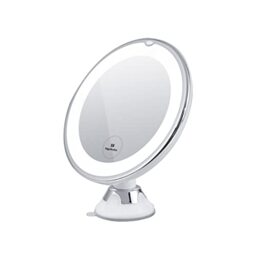 EMEK Makeup Mirror LED, 5X Portable Illuminated Travel Makeup Mirror, 360°Rotating Dressing Table Mirror with Natural Daylight, Button Control, Easy-Lock Suction Cup, Battery