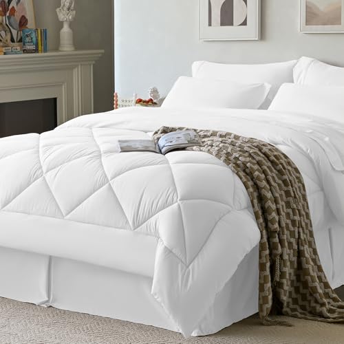 Newspin California King Comforter Set White - Bed in a Bag California King Size 8 Pieces, All Season Bed Set, Fluffy Comforter Set with Sheets, Sheet Set Quilt Blanket, Pillowcases & Shams & Bed Skirt
